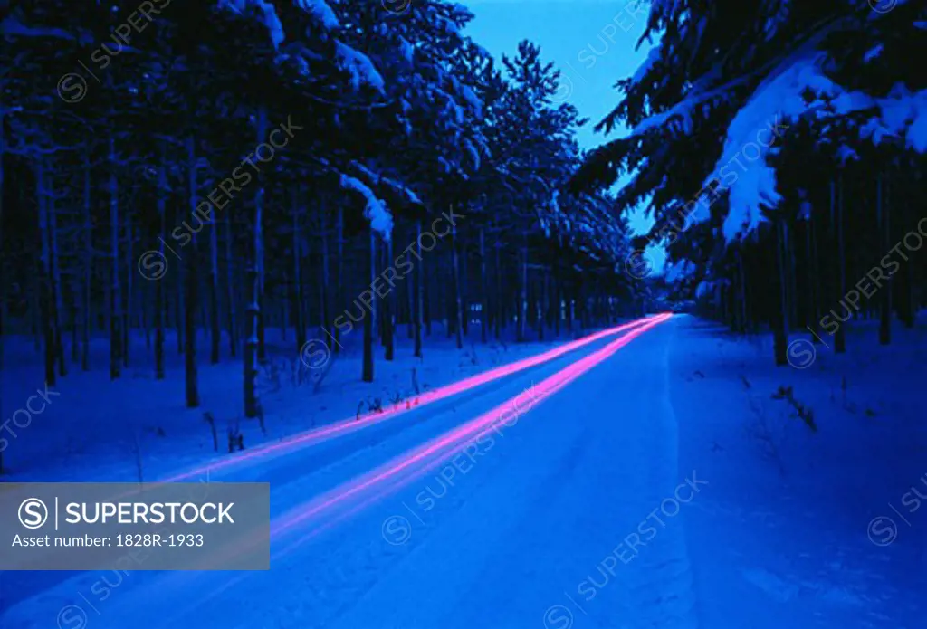 Light Trails on Road in Winter Woodville, Ontario, Canada   