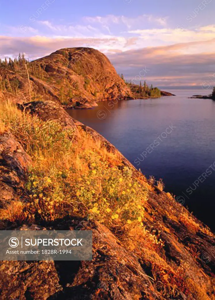 Sunset over Landscape and Lake Eastern Arm of Great Slave Lake Northwest Territories, Canada   