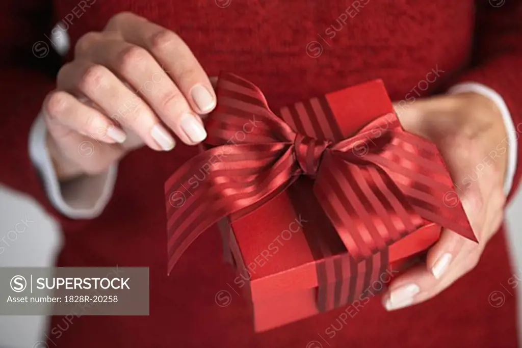 Woman Adjusting Bow on Gift  