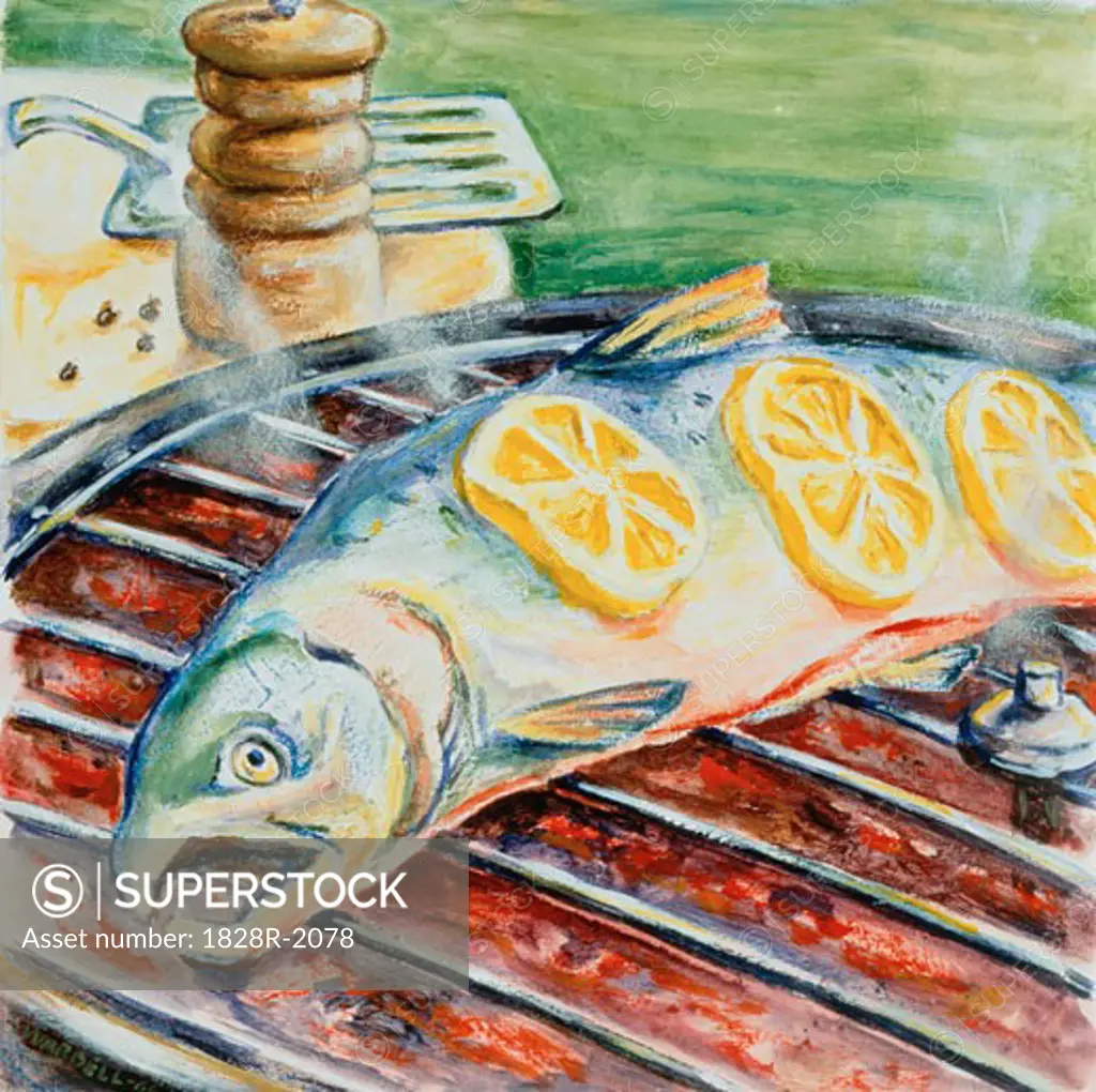 Illustration of Fish on Barbecue   