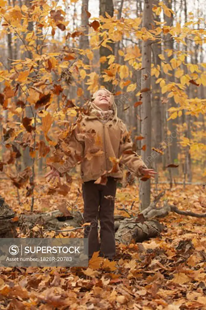 Girl Standing in Autumn Leaves   