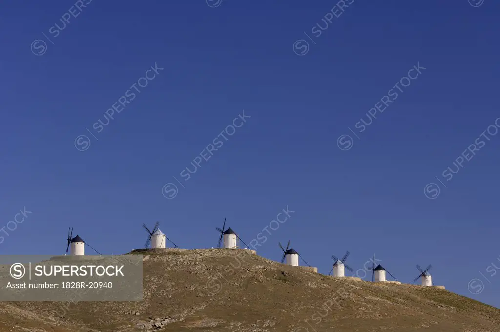 Windmills on Hill, Castilla La Mancha, Ciudad Real Province, Spain   