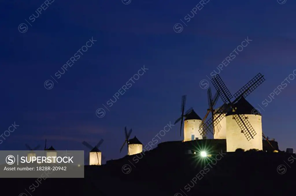 Windmills on Hill at Night, Castilla La Mancha, Ciudad Real Provence, Spain   