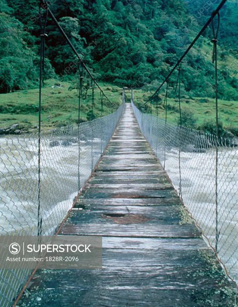 Suspended Foot Bridge over Papallacta River Napo Province, Ecuador   