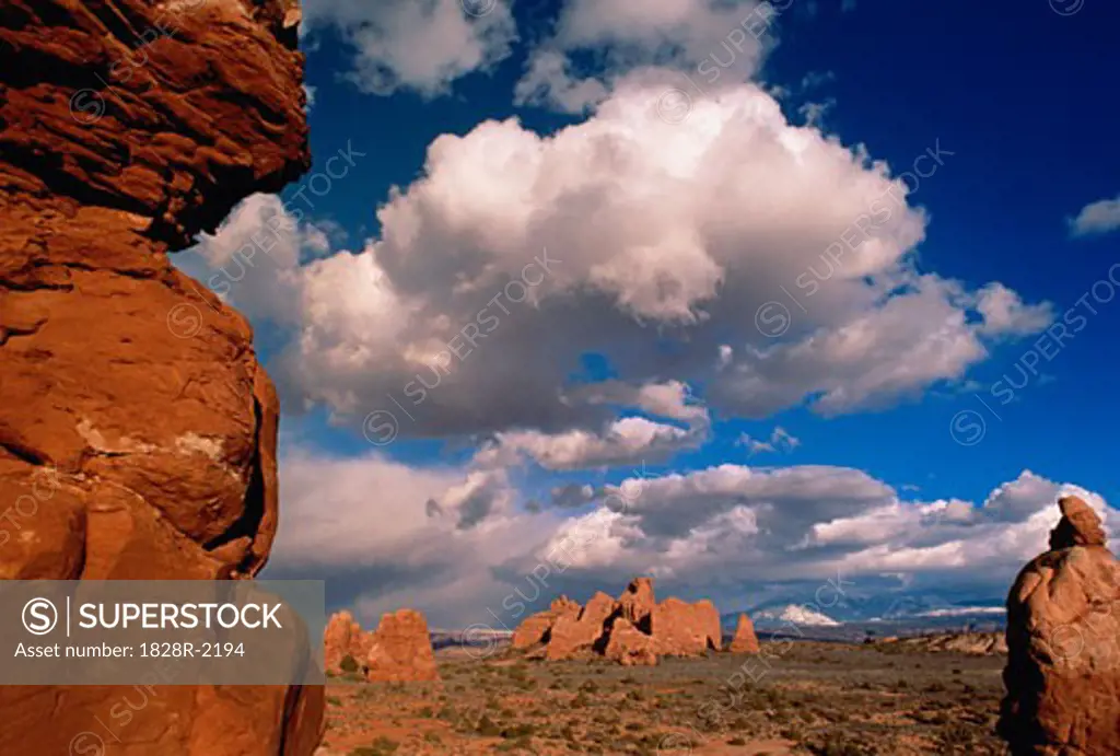 Rock Formations and Cloudy Sky Arches National Park Utah, USA   