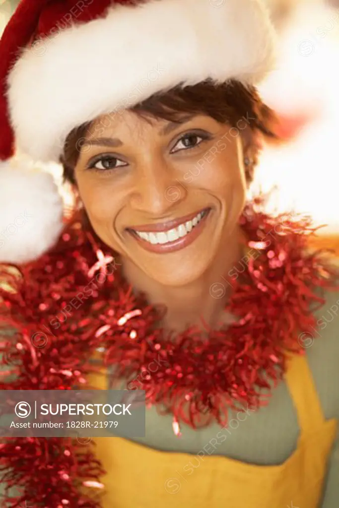Portrait of Woman in Santa Hat and Garland   
