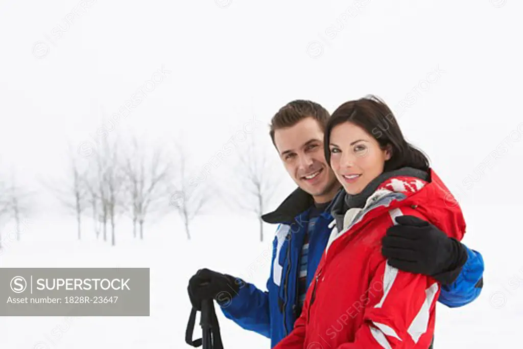 Couple Skiing, Meadow Park, Whistler, British Columbia, Canada   