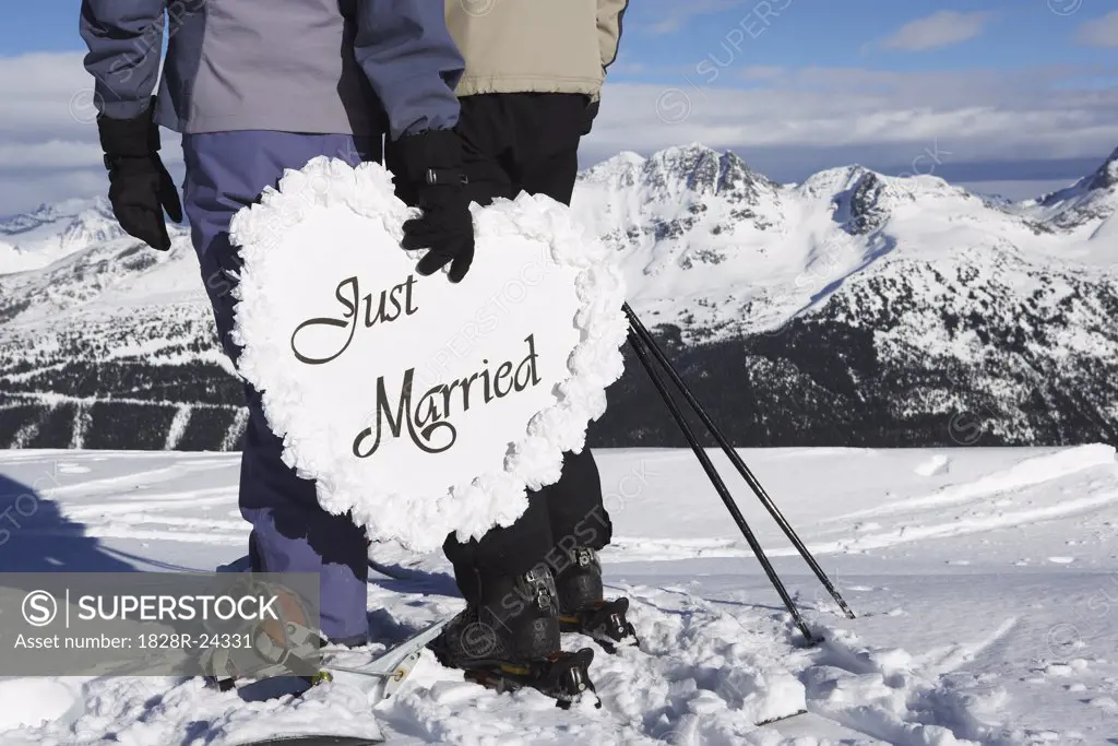 Couple with Just Married Sign, Whistler, BC, Canada   