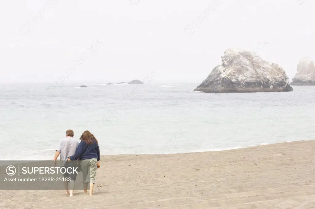 Couple Walking on Beach, Sonoma Coast, California, USA   
