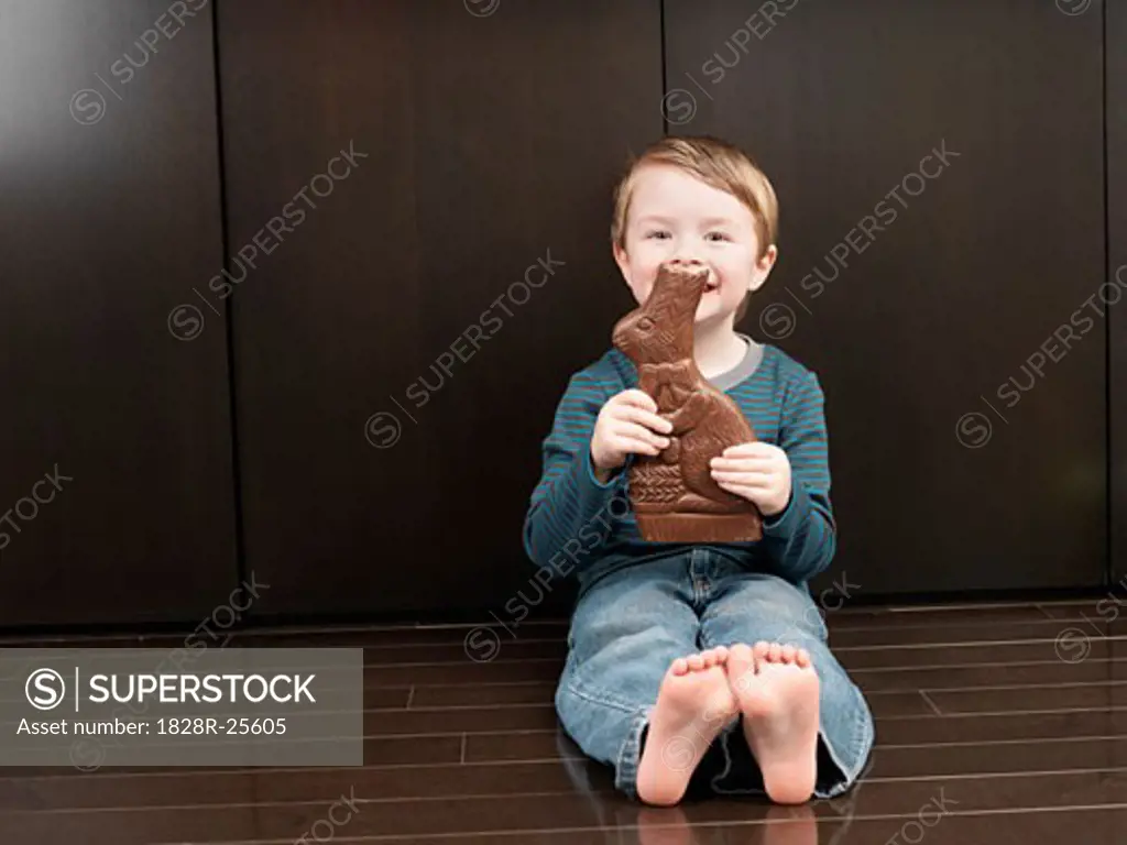 Boy Eating Chocolate Bunny   