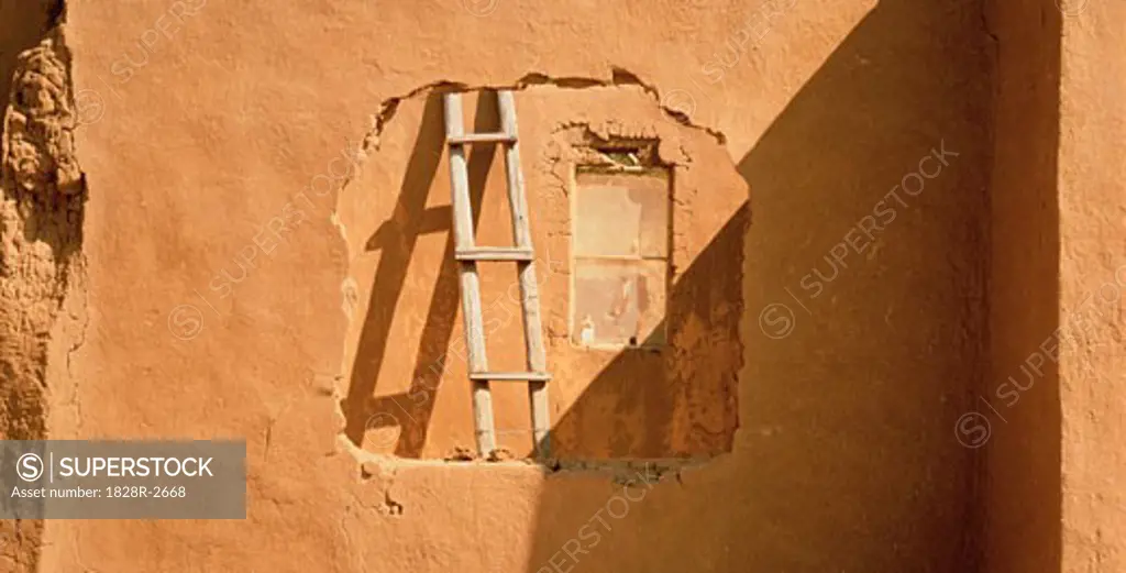 Ladder in Window of Ruined Mud House   