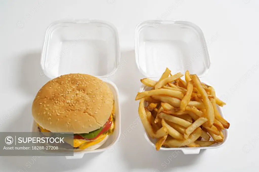 Hamburger and Fries in Styrofoam Containers   