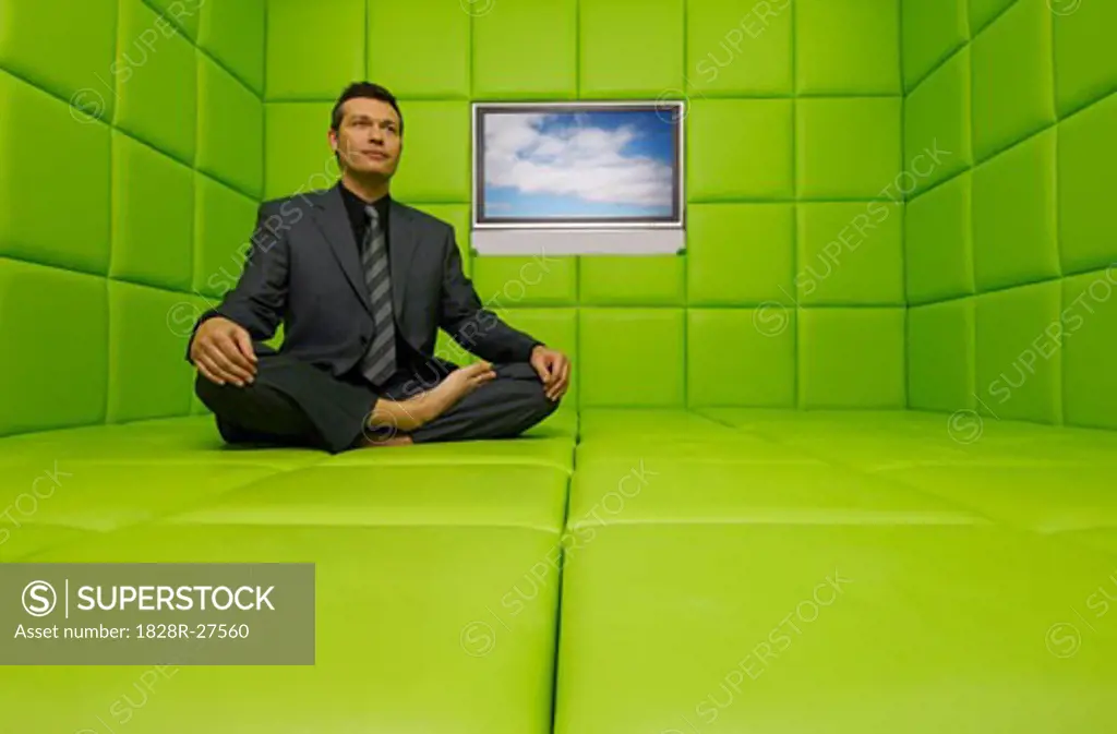 Businessman with Television in Green Padded Room   