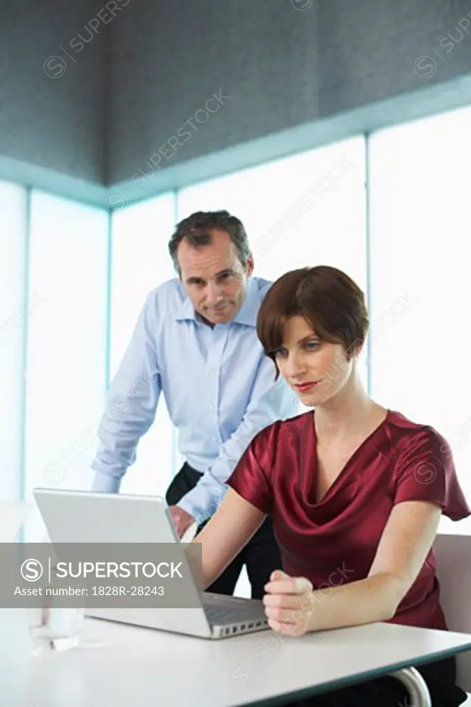 Business People Looking at Laptop in Boardroom   