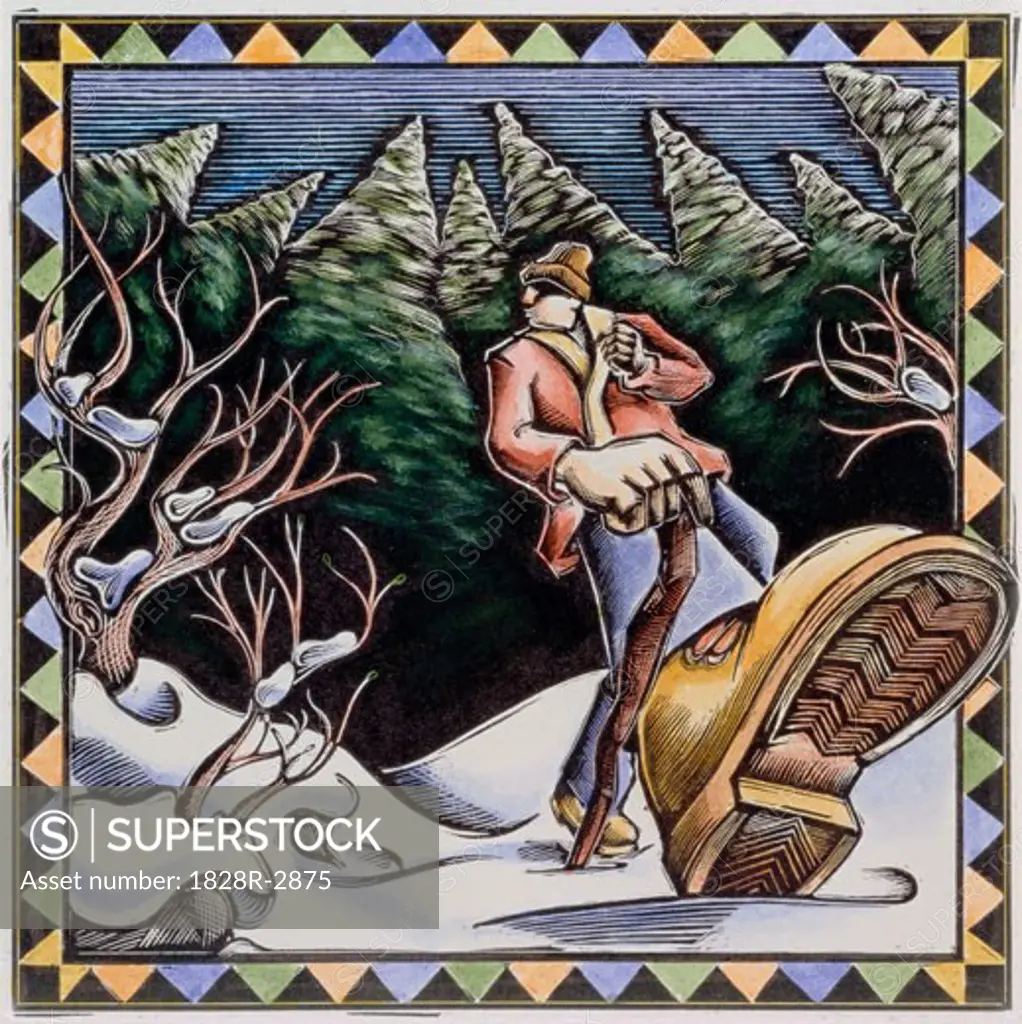 Illustration of Man Walking Through Forest in Winter   