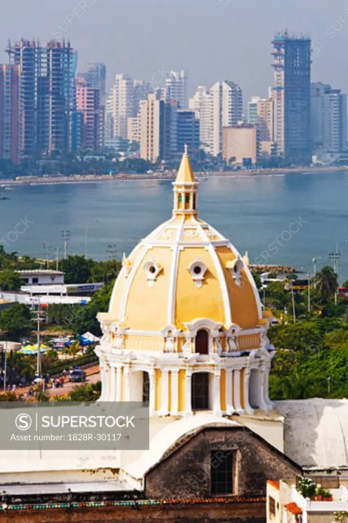 Iglesia de San Pedro Claver and Bocagrande in Background, Cartagena, Colombia   