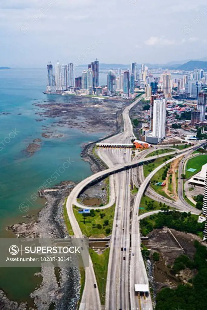 Aerial View of Corredor Sur and Panama City, Panama   
