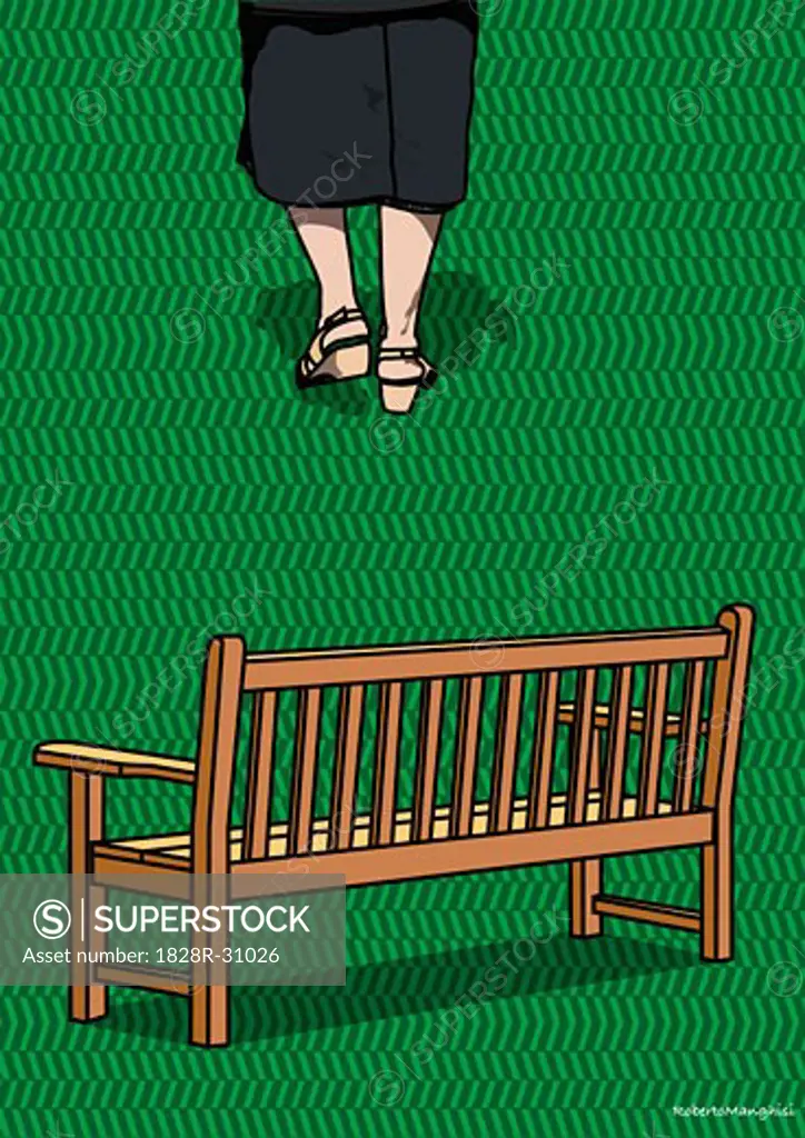 Illustration of Person Walking Away from Park Bench   