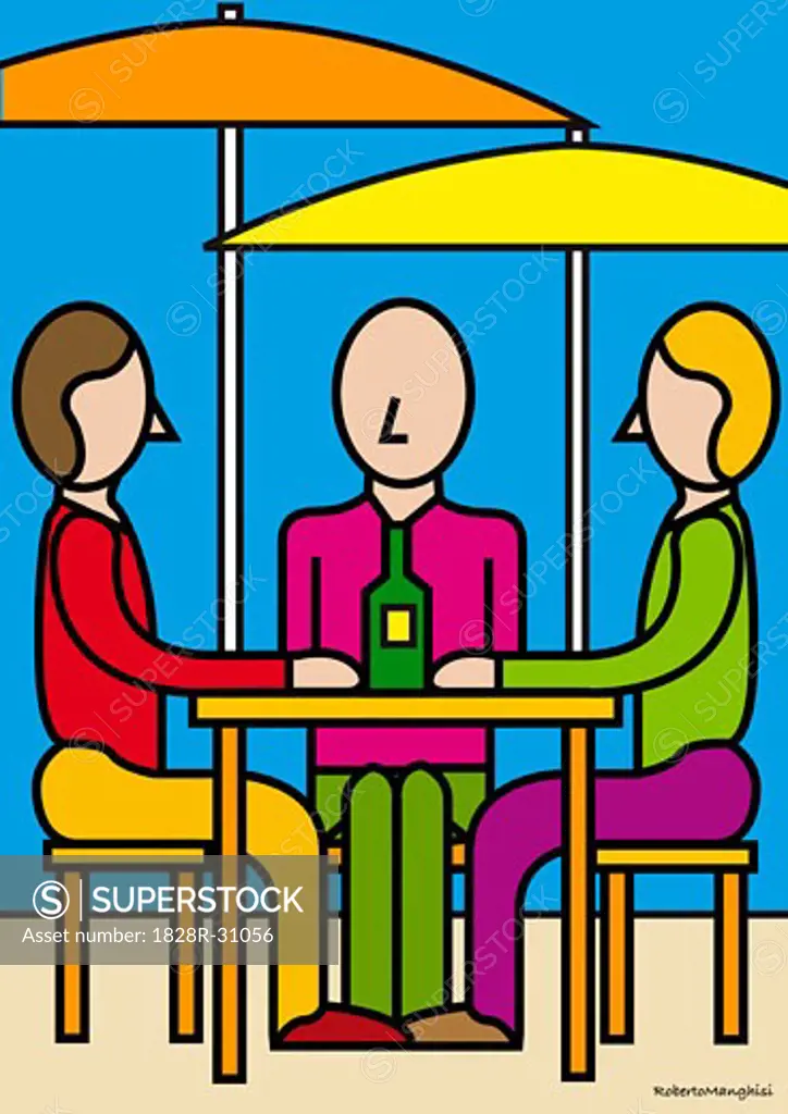 Illustration of People at Sidewalk Cafe   