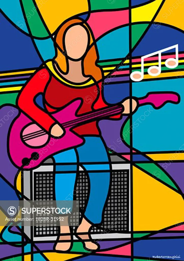 Illustration of Woman Playing Electric Guitar   