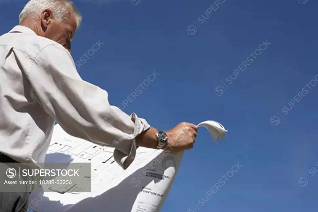 Man Examining Blueprint   
