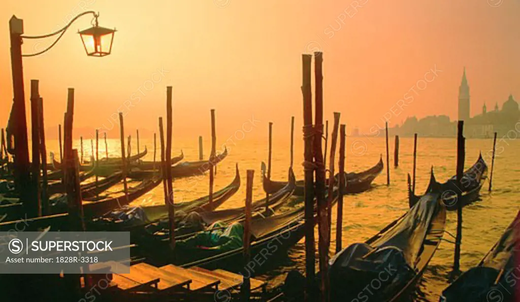 Gondolas at Sunrise, San Giorgio Lake Maggiore, Venice, Italy   