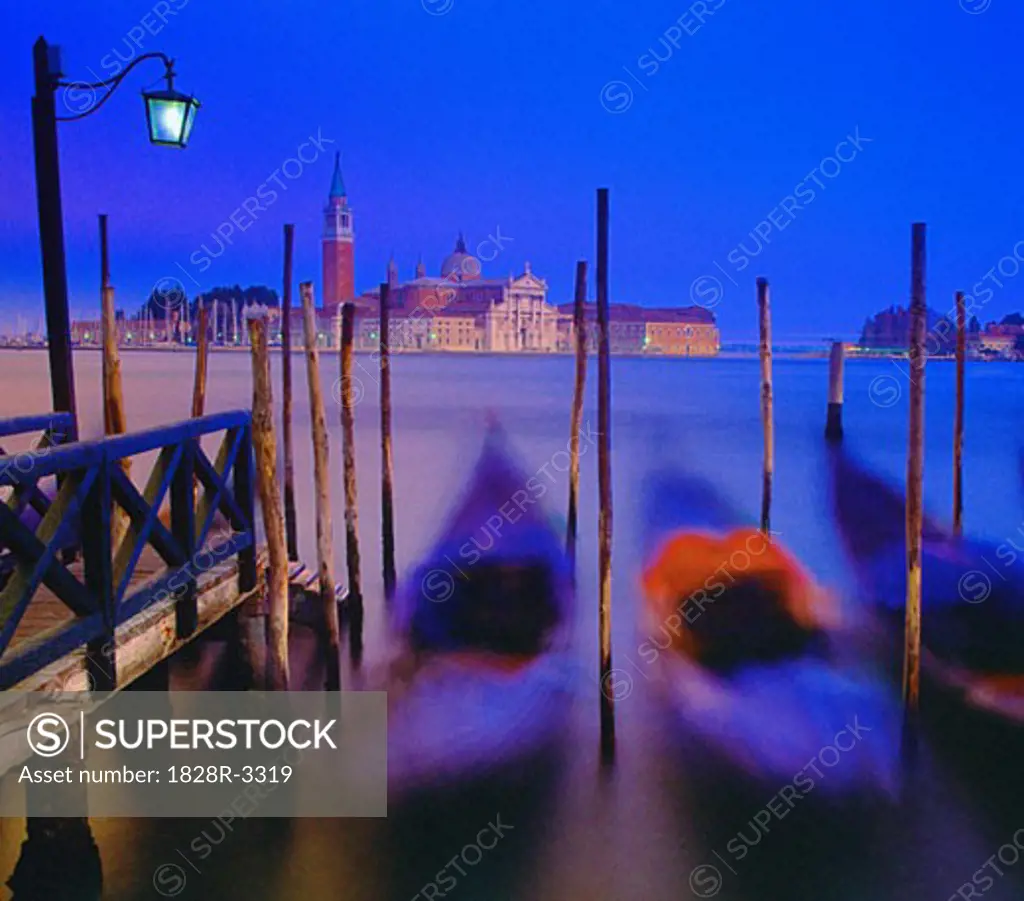 Gondolas at Dusk, San Giorgio Lake Maggiore, Venice, Italy   