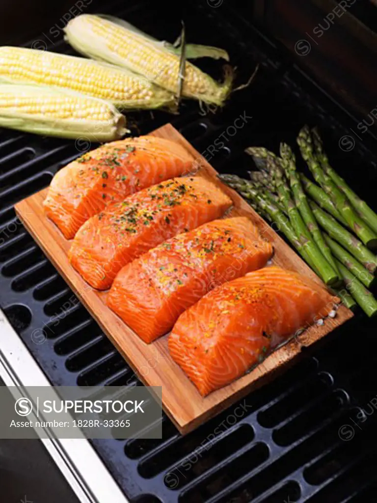 Fish, Asparagus and Corn on Grill   