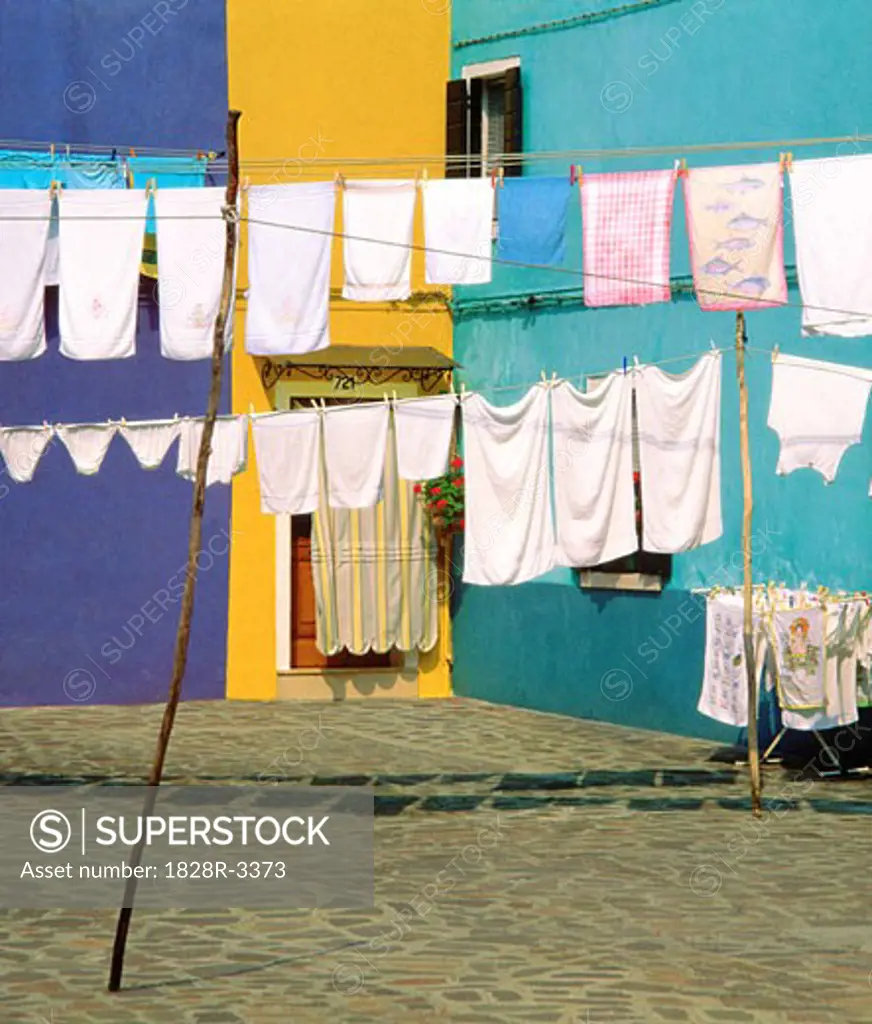 Laundry on Clotheslines, Island Of Burano, Venetian Lagoon, Italy   