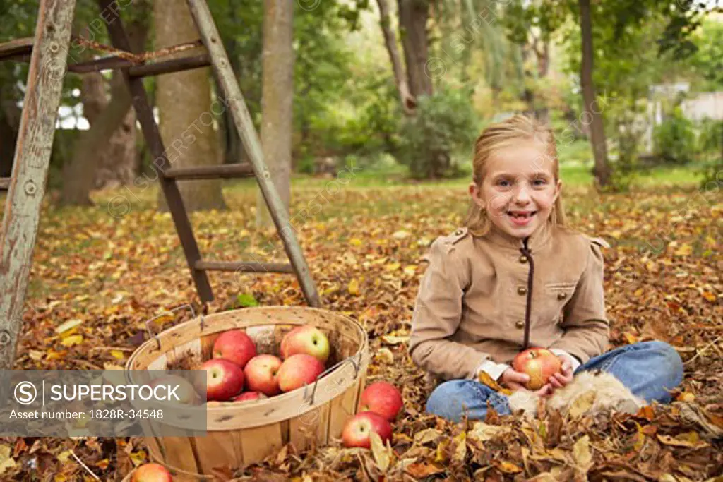 Portrait of Girl Sitting in Autumn Leaves with Basket of Apples   
