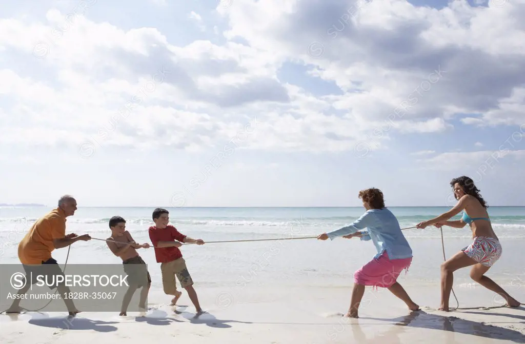 Family Playing Tug-of-War on the Beach   