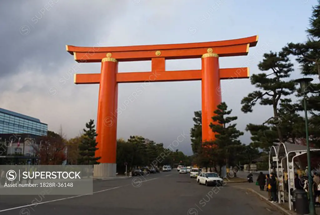 Torii Gate, Heian Shrine, Kyoto, Honshu, Japan   