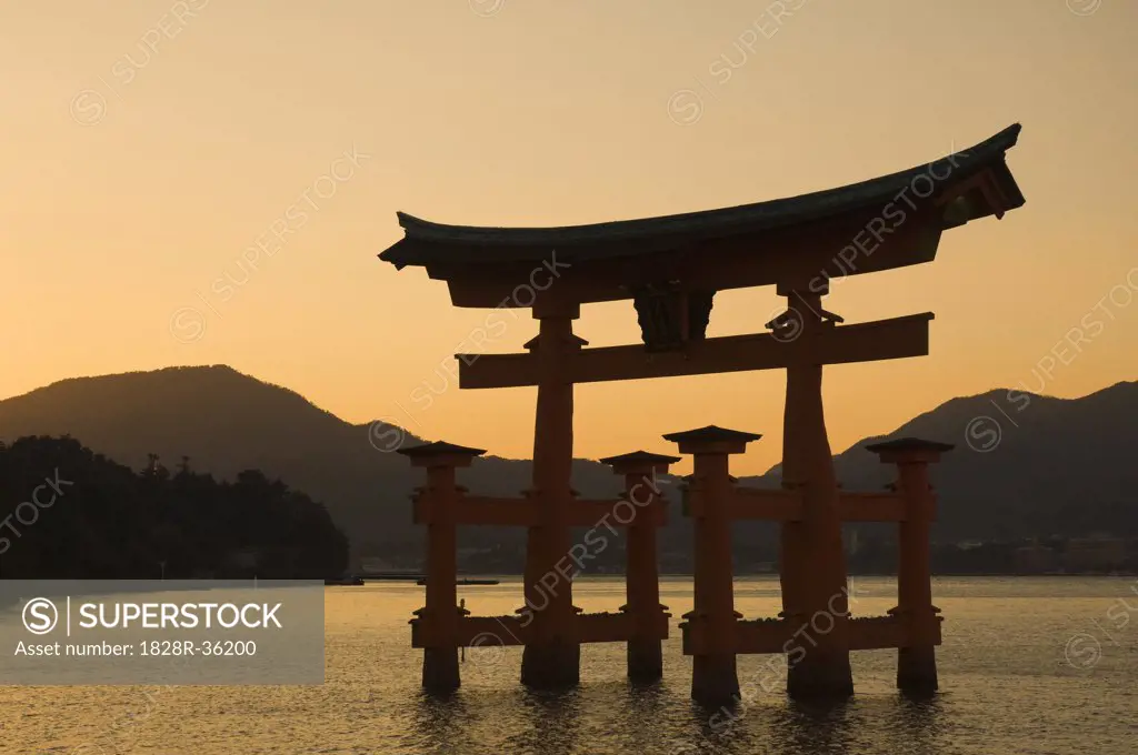 Torii Gate at Dusk, Hiroshima Bay, Miyajima, Honshu, Japan   