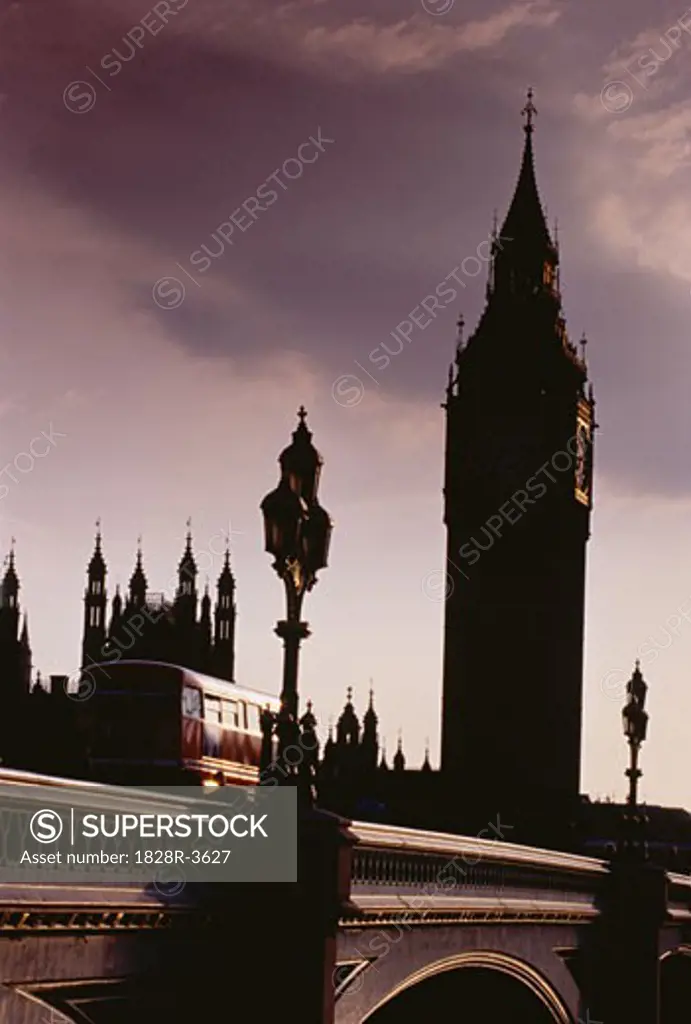 Big Ben and Double-Decker Bus at Dusk London, England   