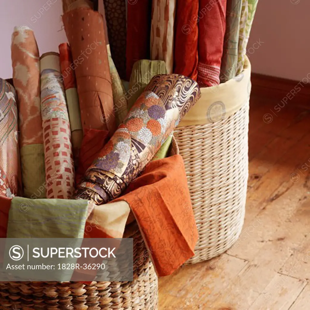 Rolls of Fabric in Baskets   