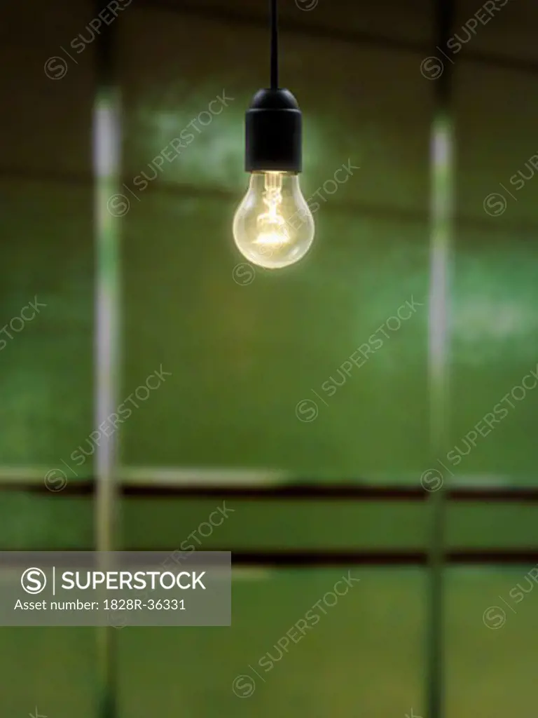 Lightbulb Hanging in front of Green Wall   