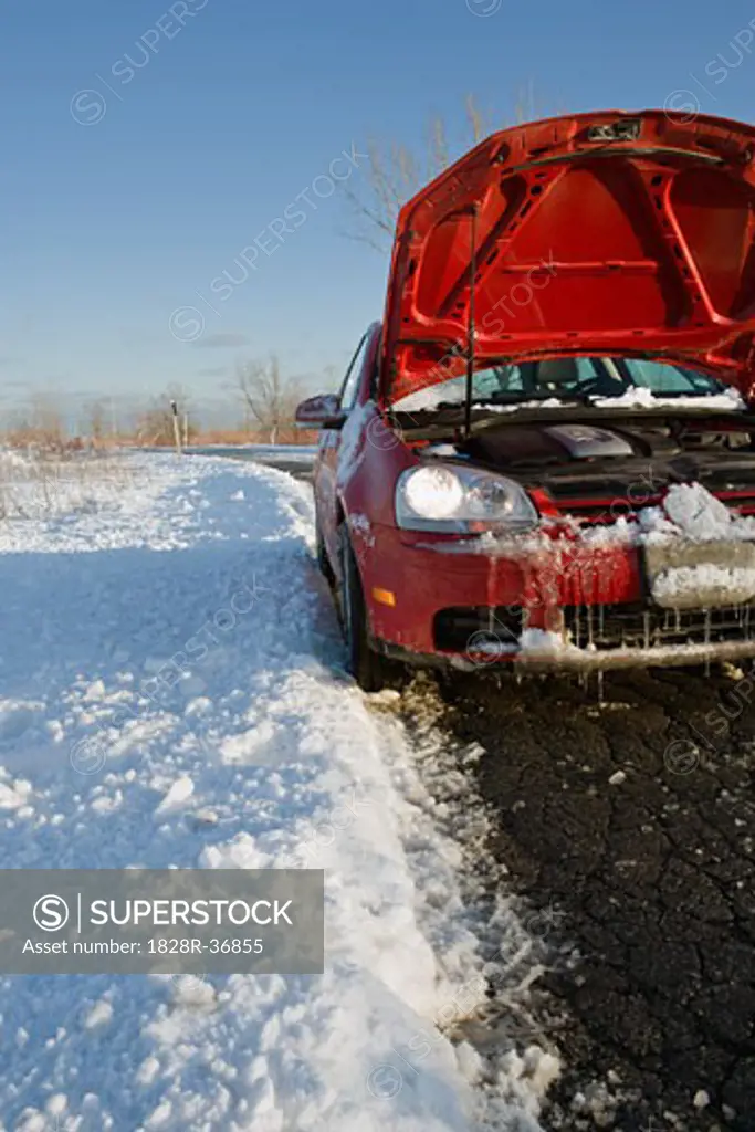 Car Trouble on Winter Country Road   