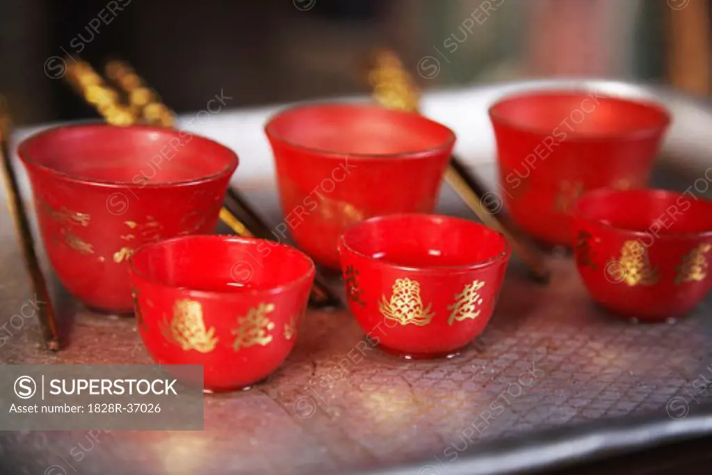 Close-up of Dishes in Buddhist Temple, China   