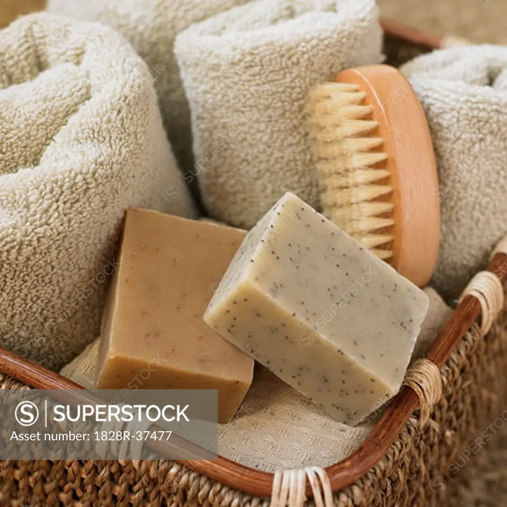 Still Life of Basket with Towels, Soap and Brush   