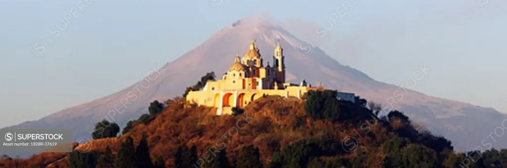 Iglesia de Nuestra Senora de los Remedios, Popocatepetl Volcano in the Background, Cholula, Puebla, Mexico   