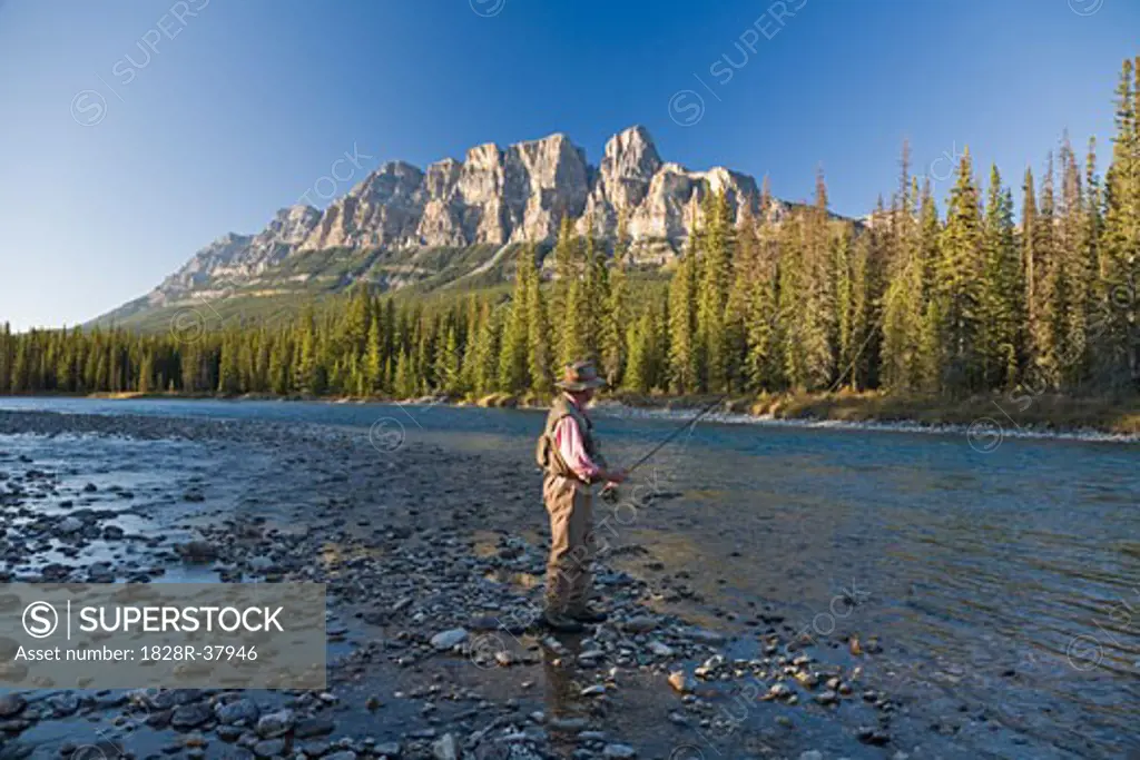 Man Fishing in Mountain River, Banff National Park, Alberta, Canada   
