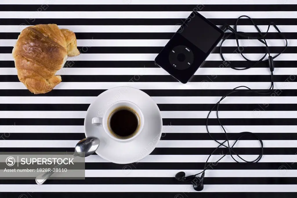 Coffee, Croissant and Mp3 Player   