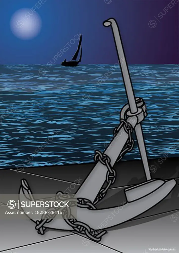 Illustration of Anchor on Dock by Water   
