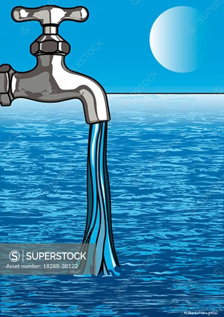 Illustration of Water Flowing from Faucet to Ocean   