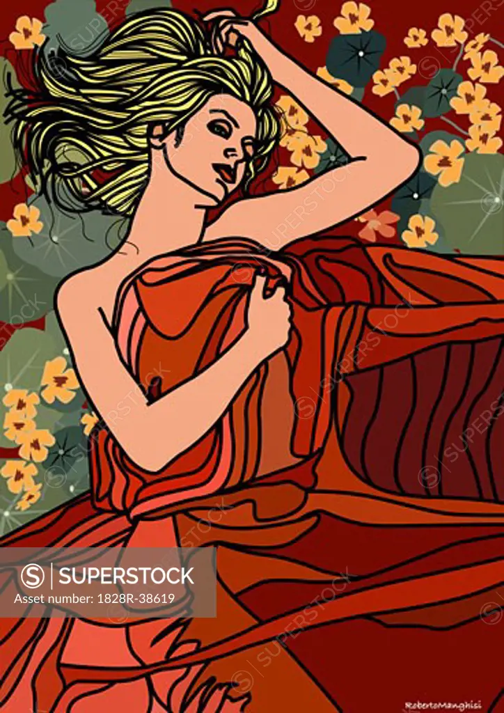 Illustration of Woman Lying Down in Field of Flowers   