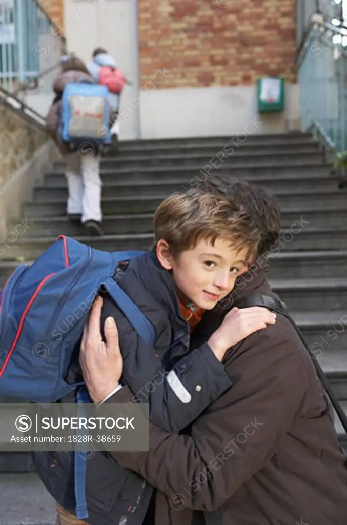 Father Dropping Son Off at School, Paris, France   