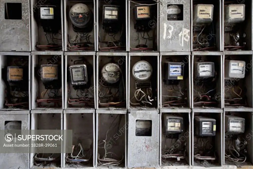 Close-up of Hydro Meters in an Abandoned Building, Havana, Cuba   