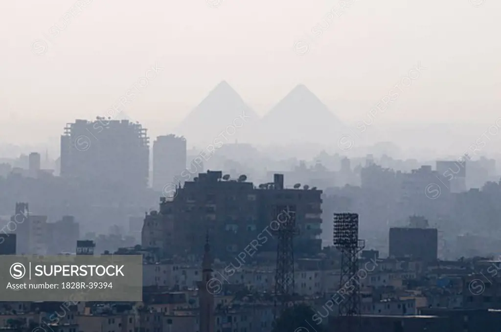 View of City and Giza Pyramids from Cairo Citadel, Cairo, Egypt   