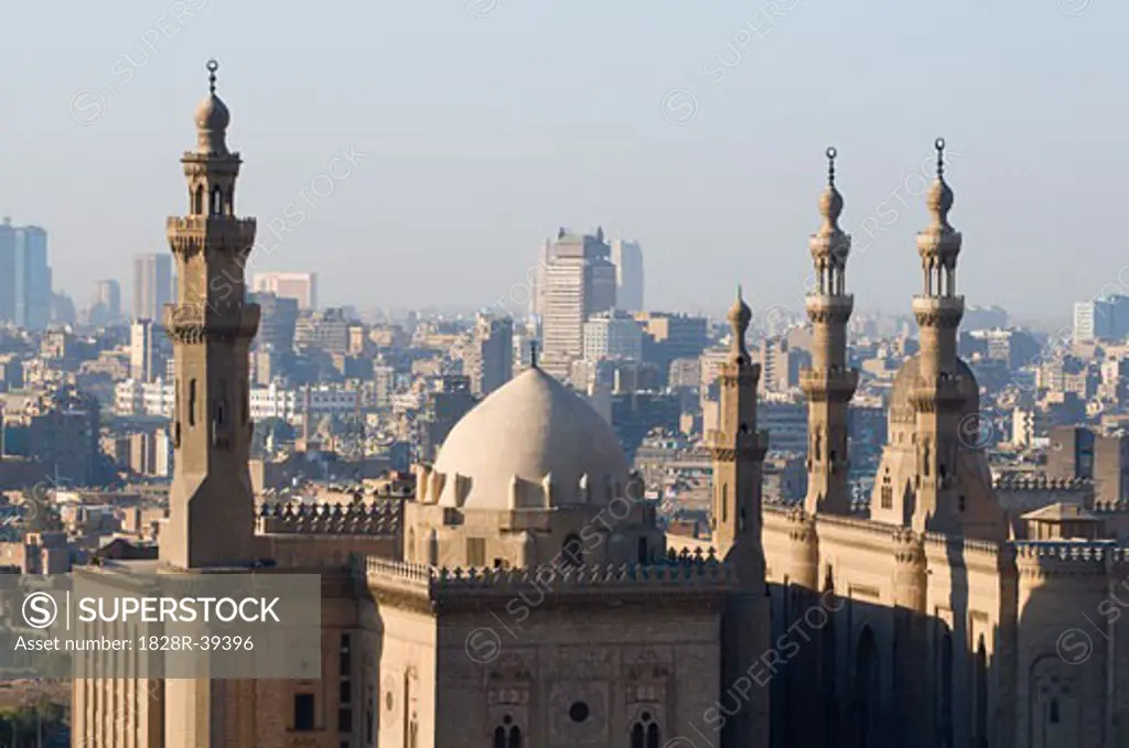 View of City and Sultan Hassan Mosque from Cairo Citadel, Cairo, Egypt   