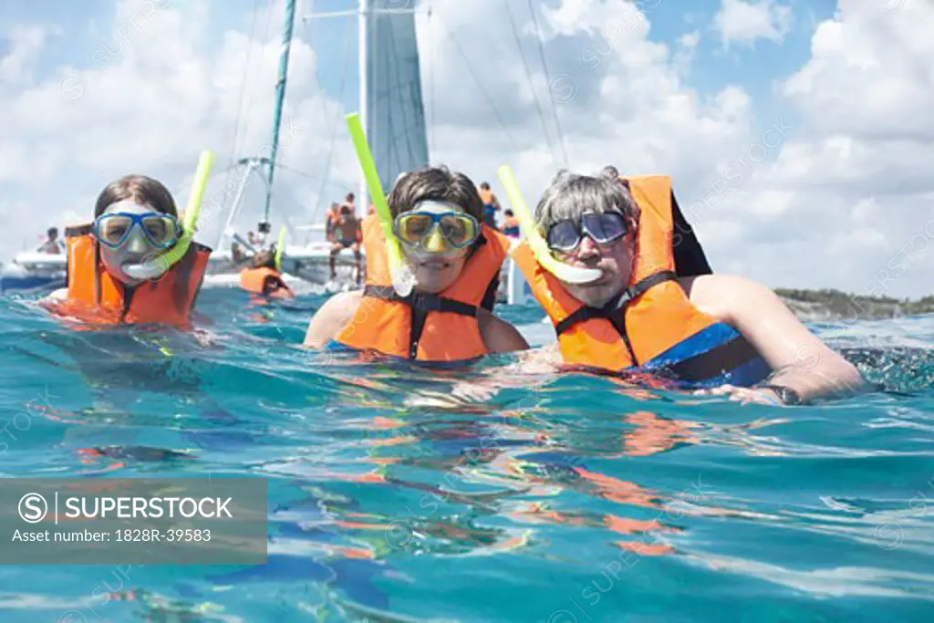 Family Snorkeling by Sailboat, Caribbean Sea   